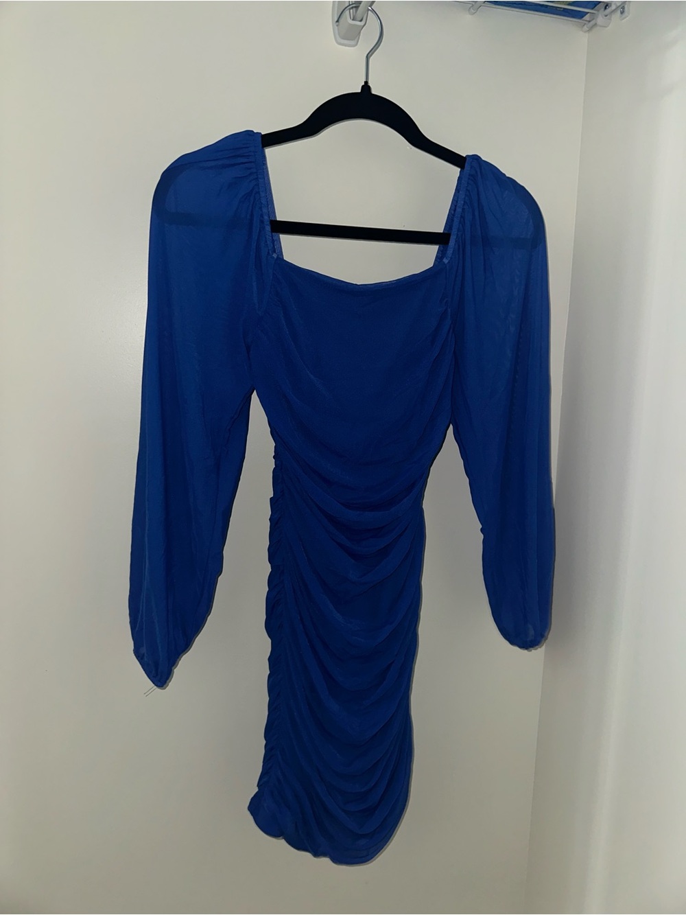Blue Ruched Long-Sleeve Dress